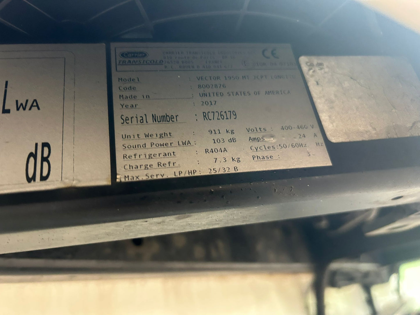 2017 Carrier Vector 1950mt Fridge Unit For Sale